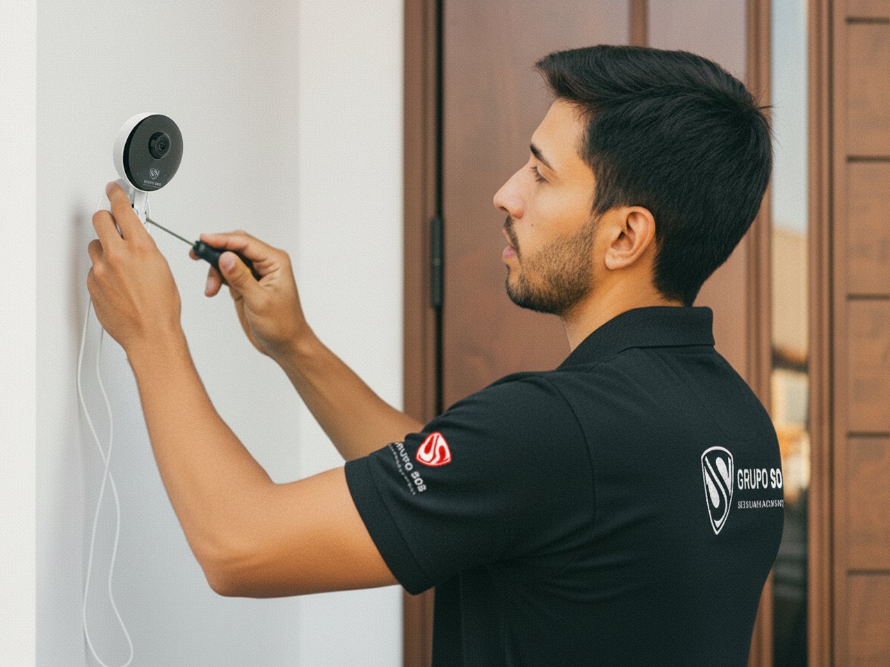 Técnico do Grupo SOS instalando câmera de segurança em residência