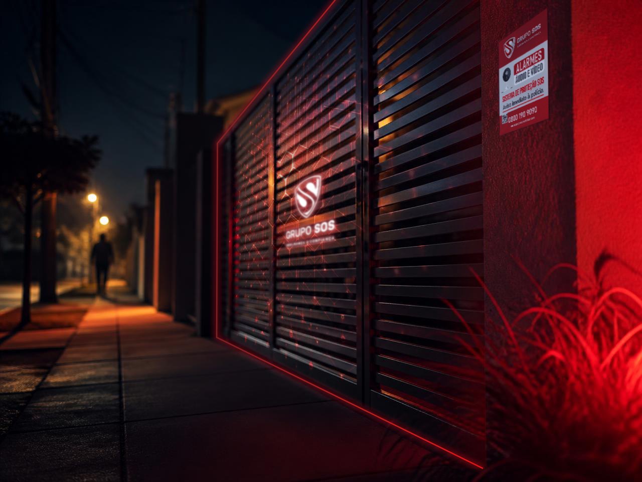 Portão e porta de residência à noite em rua residencial